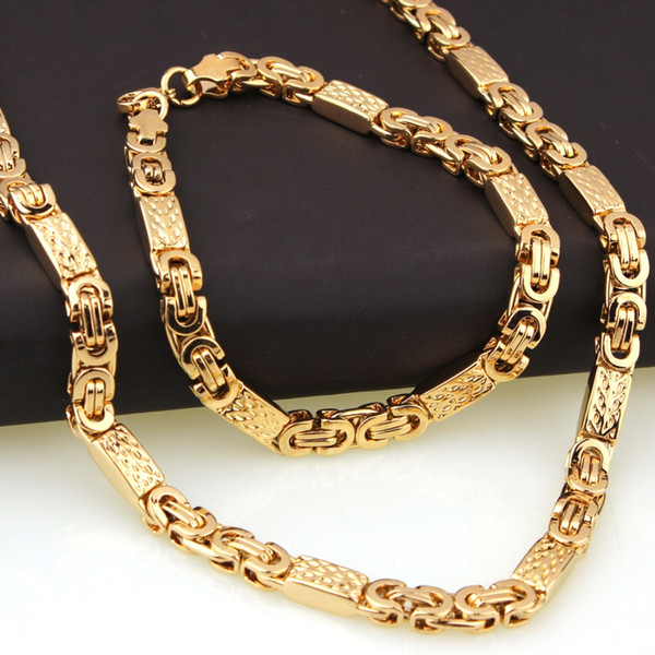 Wholesale New 316L Stainless Steel Gold Color Byzantine Flat Link Chain Gift Mens Womens Unisexs Necklace&Bracelet Jewelry Sets