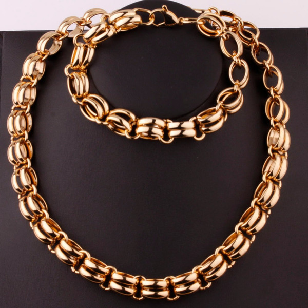 Fashion Top Quality 13mm Wide 316L Stainless Steel Vintage Jewelry Gold Tone Bracelet Necklace Jewelry Sets For Women