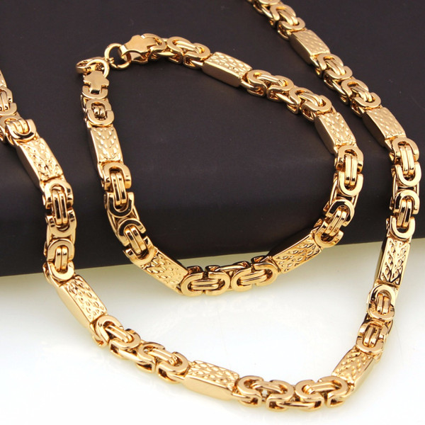 6mm Gold Tone Byzantine Chain Jewelry Set Including Necklace&Bracelet Charming 316L Stainless Steel Men Jewelry Set Gift