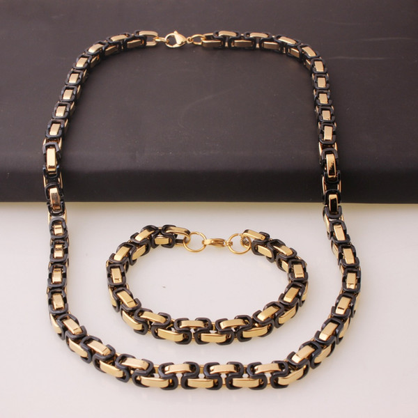 Trendy 8MM Wide 316L Stainless Steel Black Gold Handmade Byzantine Box Chain Men's Link Necklace 22