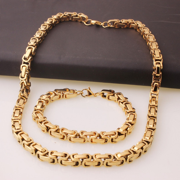 8MM Customized 316L Stainless Steel Gold Tone Byzantine Box Chain Men's Link Necklace 22