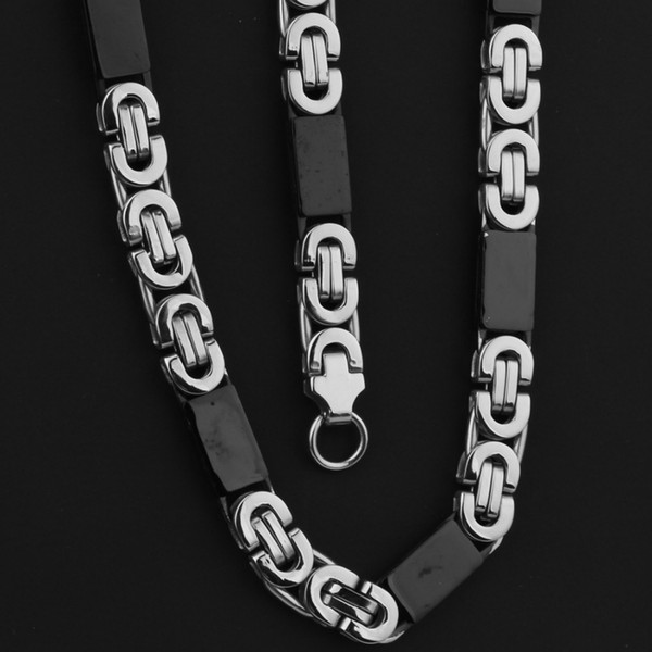 6/8mm Wide Fashion Stainless Steel Silver Black Flat Byzantine Link Chain Men's Unisexs Necklace 22