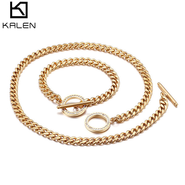 wholesale Stainless Steel Femme Jewelry Sets Classic Tri-Color Bracelet & Necklace Sets Women Rhinestone Link Chain Choker Jewelry