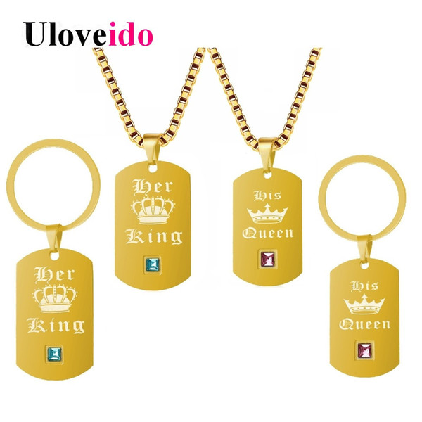 wholesale Gold Color Jewelry Sets Her King and His Queen Jewelry Set Keychain and Necklace Set Stainess Steel Suspension SN138