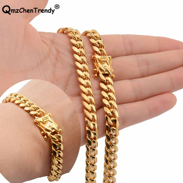 wholesale hop Mens Chain Miami Curb Cuban Necklace Bracelets 316L Stainless Steel Hip Hop Golden Curb Men Boy 8mm Jewelry sets