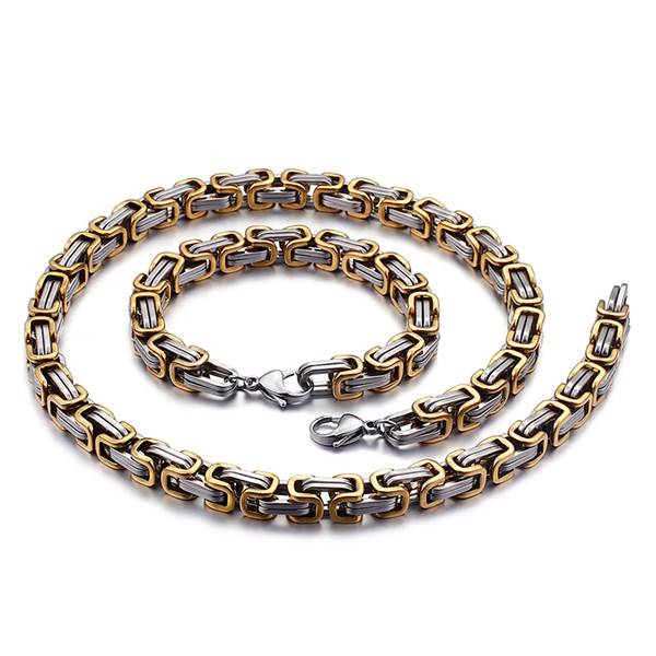 wholesale Jewelry set Silver With gold Stainless steel 5mm/6mm/8mm King Byzantine Bracelet & Necklace Set Hip-Hop Jewelry