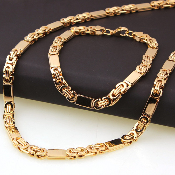 6MM Fashion Gift 316L Stainless Steel Gold Tone Hot Byzantine Flat Chain Men's Unisexs Necklace 22