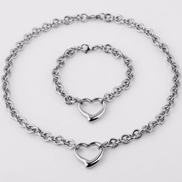 Popular Women Gift Women's Jewelry Sets Silver 316L Stainless Steel O Link Chain Hollow Heart Pendant Bracelet&Necklace