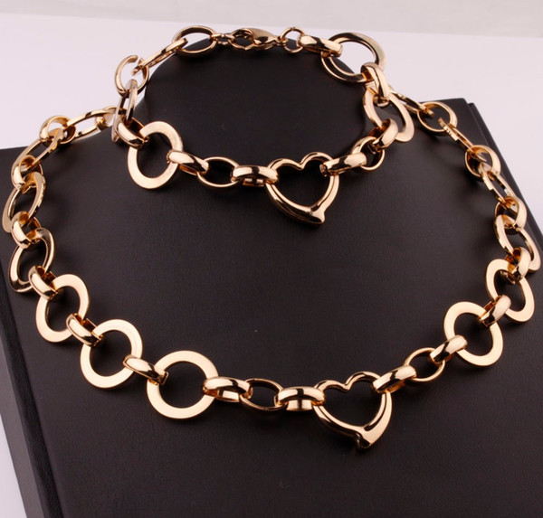 Top Quality Heart Shape 21mm Width 316L Stainless Steel For Women Necklace&Bracelet Cool Fashion New Men Jewelry Sets