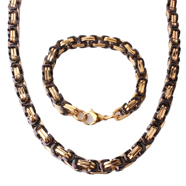 8MM Fashion 316L Stainless Steel Gold Black Byzantine Link Chain Men's Unisex's Necklace 24