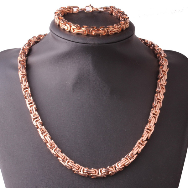 8MM Fashion 316L Stainless Steel Rose Gold Byzantine Link Chain Men's Womens Necklace 24