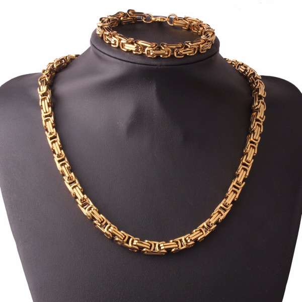 Cool Men 7 Gold Colors Byzantine Chain For Choose Men 316L Stainless Steel Jewelry Set Necklace/Bracelet Sets Men Jewelry