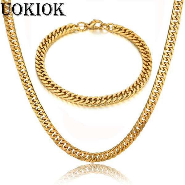 Dropshipping Mens Boys Cuban Link Chain & Bracelet Set Male Gold Color Stainless Steel Hip Hop Necklace Chain Jewelry Sets