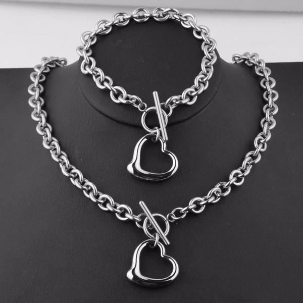 Hot Selling Women's Jewelry Sets Silver Stainless Steel 8MM Rolo Chain Love Hollow Heart Pendant Necklace& Bracelet Jewelry