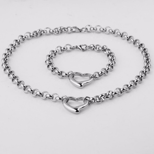 Silver Beautiful Gift Women's Jewelry Sets Stainless Steel Love Heart Pendant Bracelet&Necklace 8mm Wide Jewelry