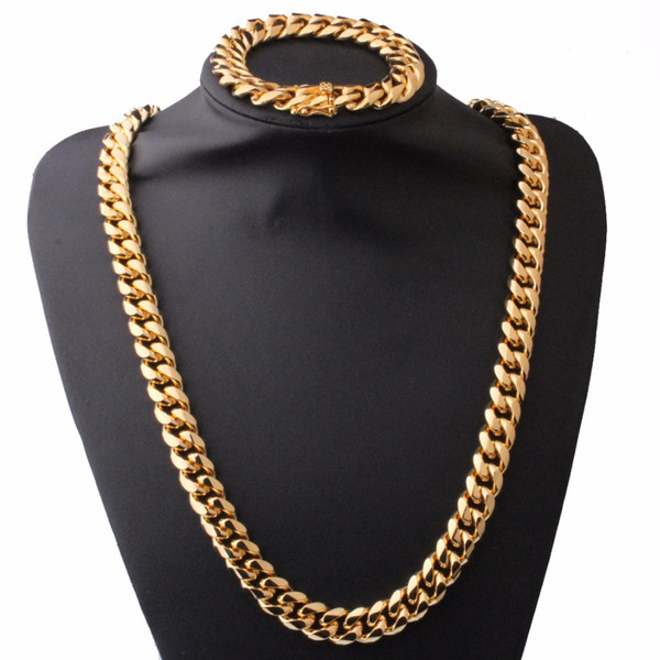 Men's Fashion Gold Color Bracelet&Necklace Jewelry Sets 15mm Wide Bike Stainless Steel Miami Curb Cuban Link Chain