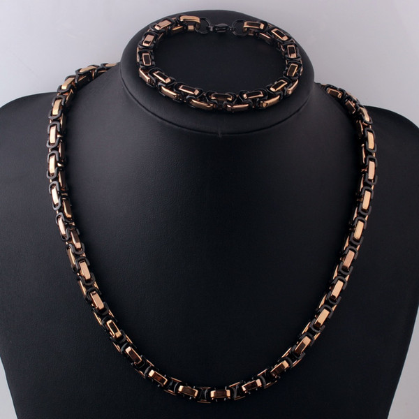 8MM Charms 316L Stainless Steel Black&Rose Gold Handmade Byzantine Box Chain Men's Link Necklace 22