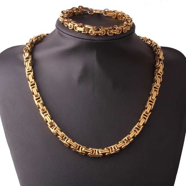 8MM Cool Handmade 316L Stainless Steel Gold Byzantine Box Chain Mens Womens Necklace 24