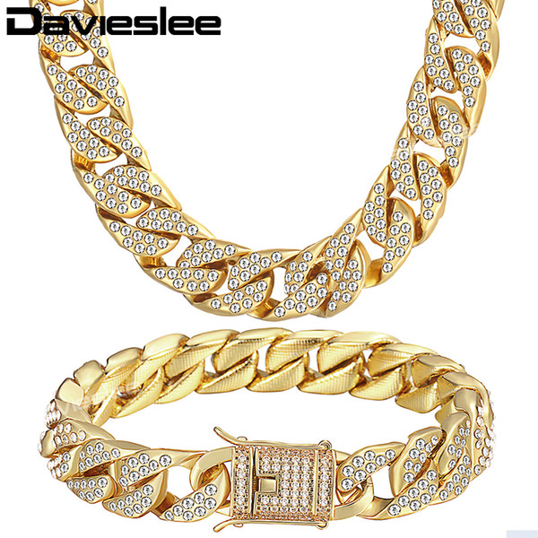 wholesale Men's Gold Jewelry Set Miami Curb Cuban Chain Necklace Bracelet Sets For Men Hip Hop Jewelry Dropshipping 14mm LGS262