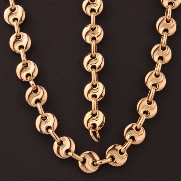 10mm Gold Tone Flat Beads Link Chain Necklace&Bracelet, Men Fashion 316L Stainless Steel Jewelry Set Gift Necklace Bangle