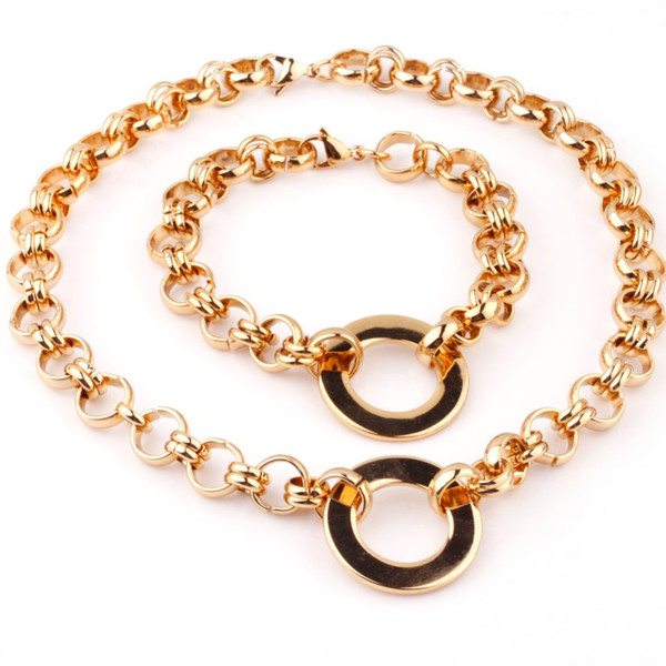 New Fashion Round Shape Stainless Steel Jewelry Sets Gold Color Bracelet Pendant Jewelry Set For Women 12mm Width