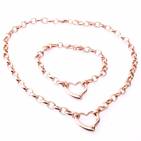 New Fashion Women's Jewelry Sets Stainless Steel 10mm Rolo Love Hollow Heart Pendant & Bracelet Choker Necklace Jewelry