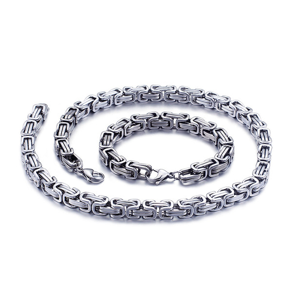 Mens Women Jewelry set Silver Stainless steel 5mm/6mm/8mm King Byzantine Bracelet & Necklace Set Silver Unisexs