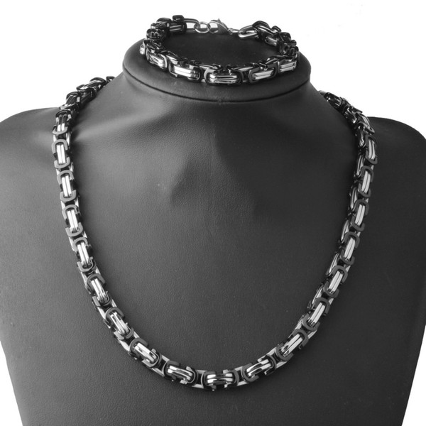 High Quality 8MM Cool Stainless Steel Silver Black Byzantine Box Chain Men's Necklace 24