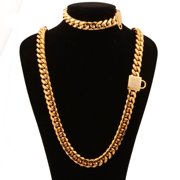 14MM Fashion 316L Stainless Steel Gold Tone Miami Cuban Curb Link Chain Men's Unisexs Necklace 24