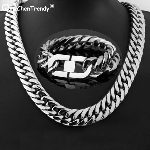 wholesale hop Heavy Cuban Chains Men Punk Necklace Bracelet Thick Stainless Steel Long Big Chunky hiphop Choker Link Jewelry Sets Gift