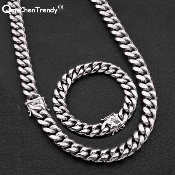 Fashion 12MM Hip hop Silver Mens Link Jewelry Sets Men Miami Cuban Chain Necklace Bracelet Stainless steel Dragon Clasp Lock