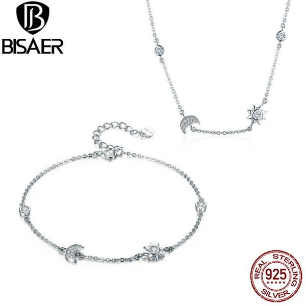 BISAER 925 Sterling Silver Jewelry Sets Moon And Star Tale Fashion Collar Necklaces Women Bracelet Sterling Silver 925 Jewelry