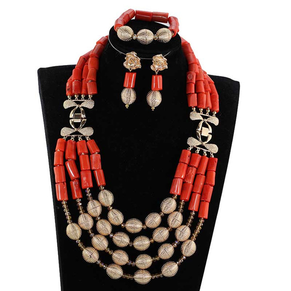 2018 New Luxury Wedding Bib Coral Beads Jewelry Set Dubai Gold Statement Women Jewelry Set Indian Bride Jewelry CL3752