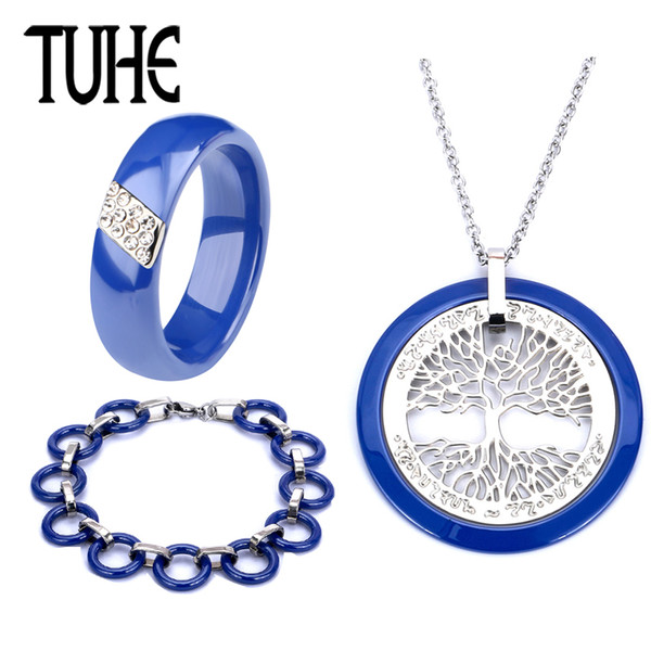 3 pcs/Set Women Elegant Ocean Blue Ceramic Jewelry Set Circle Link Bracelet Hollow Life Of Tree Necklace Crystal Ceramic Rings