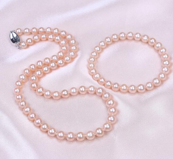 7-8 mm Genuine Luster Round Freshwater pink Pearl Necklace Bracelet Set Jewelry