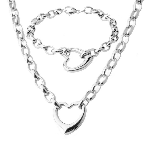 New Fashion Charms Heart 316L Stainless Steel Silver Rolo Oval Chain Womens Girls Necklace 18