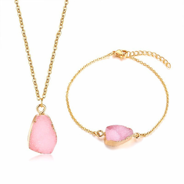 Stylish Women's Pink Irregular Natural Druzy Stone Chain Bracelet Necklace Set in Gold Tone Stainless Steel Ladies Jewellery