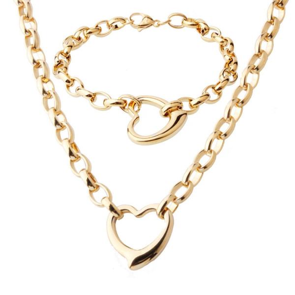 10mm Fashion New 316L Stainless Steel Gold Tone Heart Rolo Oval Chain Womens Girls Necklace 18