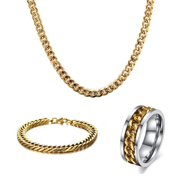 Men Hip Hop Jewelry Set Stainless Steel Link Chain Necklace Bracelet and Spinner Ring Jewellery Sets