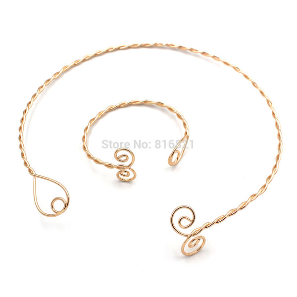 Fashion Punk Womens Wire Wired Twisted Necklace Choker Open Cuff Bracelet Bangle Iron Metal Jewelry Set Golden tone