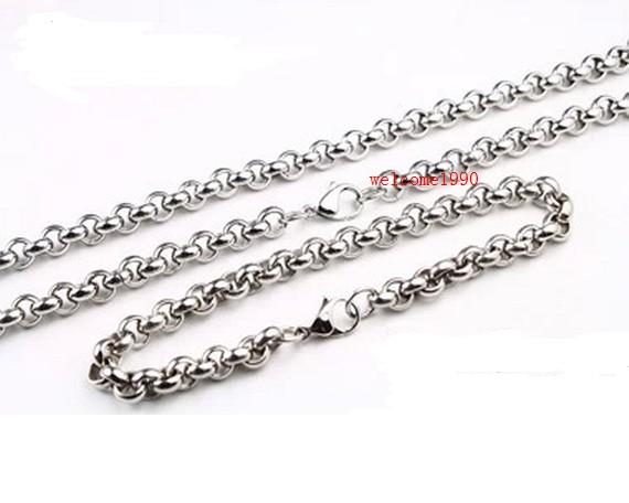 6mm wide Round Rolo Chain Necklace + Bracelet Set Stainless Steel Jewelry set Silver Mens women Holiday Gifts 24''+8.5''