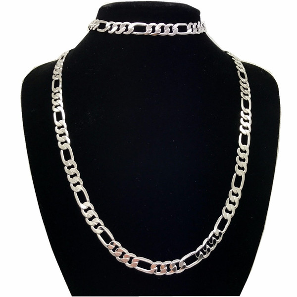 Fashion Link Chain Necklace Bracelet Set White Gold Filled Mens Womens Jewelry Sets