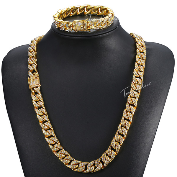 Gold Jewelry Set For Men Miami Curb Cuban Link Chain Necklace Bracelet Set Iced Out Hip Hop Men's Woman Jewelry Gift 14mm HGS262