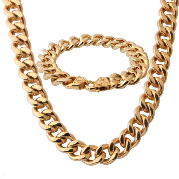 High Quality Cool 316L Stainless Steel Gold Tone Cuban Curb Chain Men's Link Necklace&Bracelet 8.66