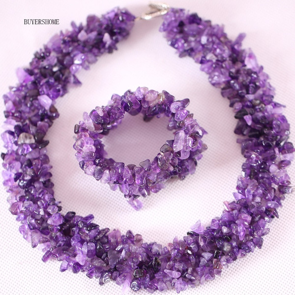 Free Shipping New without tags Jewelry Set Irregular Shape Chip Beads Natural Stone Purple Crystal Necklace Bracelet E032 H042