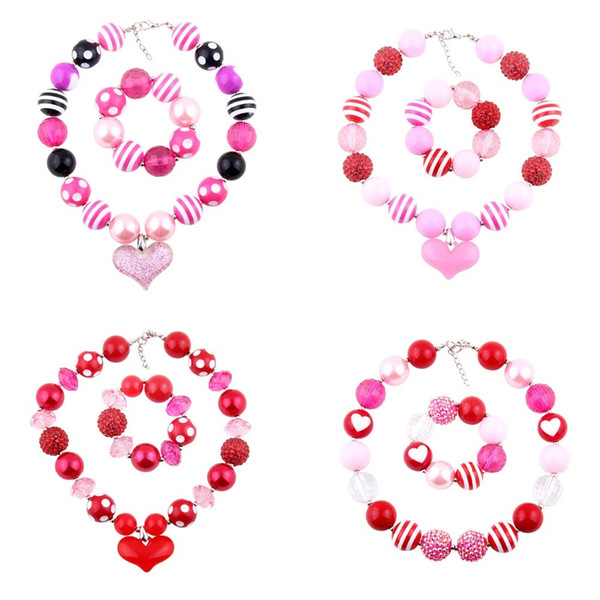 1pc Girls Glitter Heart Pendant Jewelry accessories sets Chunky Bubblegum Beads Necklace Bracelet Birthday Party Christmas Kids