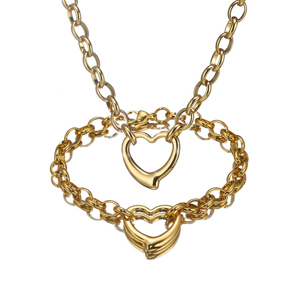 Jewelry set for Women Gold Tone Stainless Stel Oval Rolo Chain with Heart Charm Necklace Bracelet