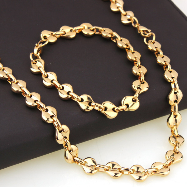 10mm Wide Unique Gold Color Coffee Beans Link Chain Men's Women's Stainless Steel Necklace&Bracelet Jewelry Sets 8-28 Inches