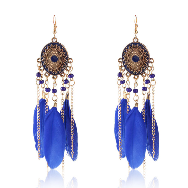 Crazy Feng Bohemian Alloy Long Tassel Drop Earrings For Women Ethnic Feather Chain Dangle Earring Hanging Vintage Hook Jewelry haif