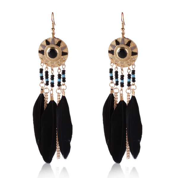 Vintage Gold Color Carved Metal Pendientes Feather Tassel Beads Drop Earrings Indian Wedding Costume Earring Jewelry Brincos haif